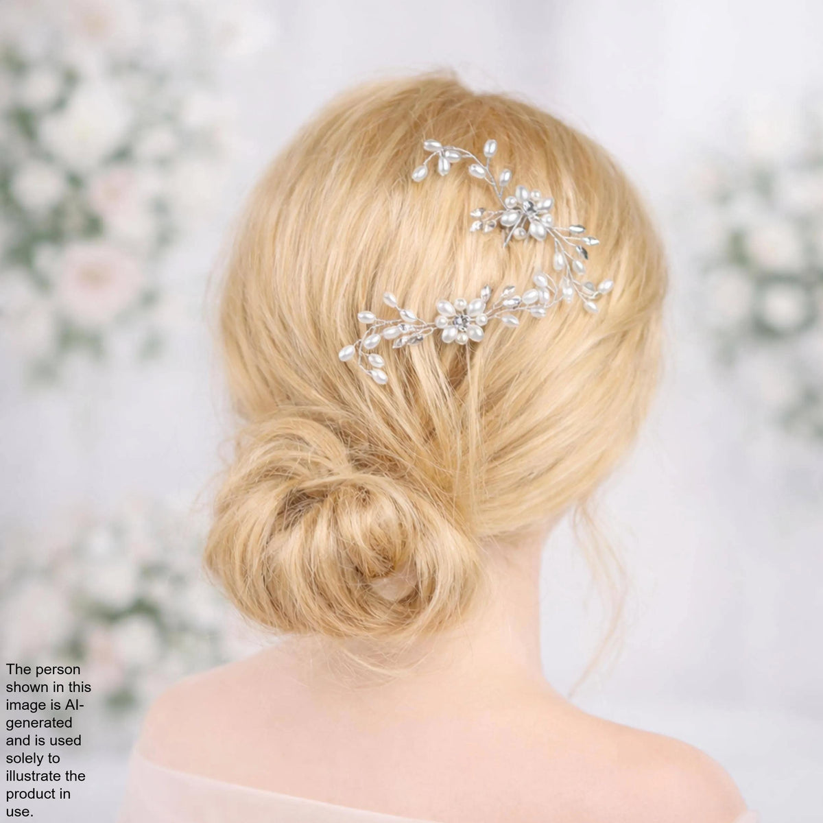 a woman's blonde hair styled in a bun, adorned with a decorative hair accessory featuring small, clear stones or crystals.