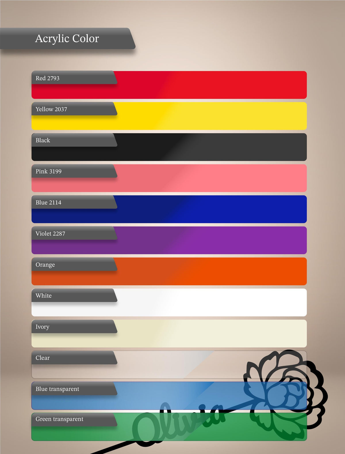 a list of color names and their corresponding paint colors, along with some color names that are not fully visible. The list includes colors like Red 2793, Yellow 2037, Black, Pink 2199, Blue 2147, Violet 2287, Orange, White, Ivory, Clear transparent, and Green transparent.