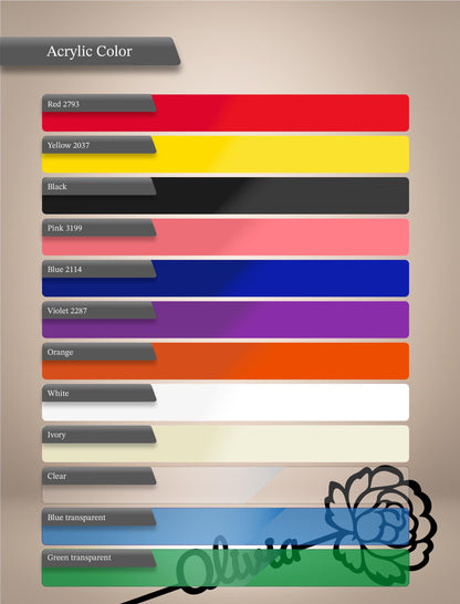 a list of color names and their corresponding paint colors, along with some color names that are not fully visible. The list includes colors like Red 2793, Yellow 2037, Black, Pink 2199, Blue 2147, Violet 2287, Orange, White, Ivory, Clear transparent, and Green transparent.