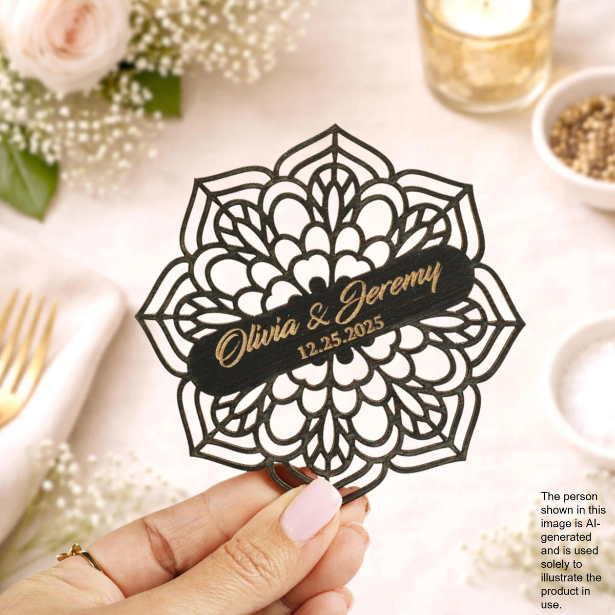 A hand holding a decorative paper with the names 'Olivia & Jeremy' and the date '12.25.25' on it, surrounded by floral decorations and other wedding-related items.
