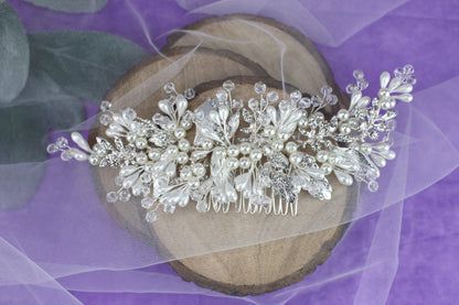 Pearl Floral Bridal Comb, Crystal Wedding Hair Piece, 6 Inch