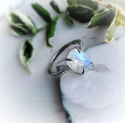 Oval Moonstone Sterling Silver Ring: Boho Engagement Jewelry