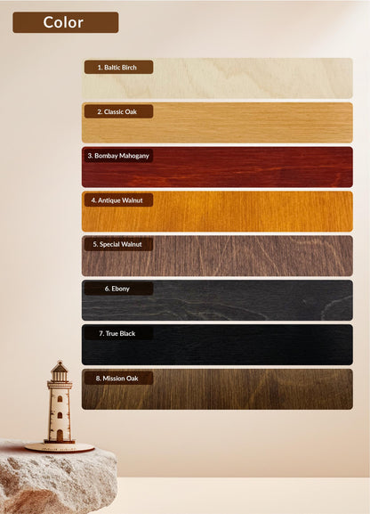 a color chart with various types of wood, including Baltic Birch, Classic Oak, Bombay Malhaguey, Antique Walnut, Special Walnut, Ebony, True Black, Mission Oak, and a small wooden lighthouse.