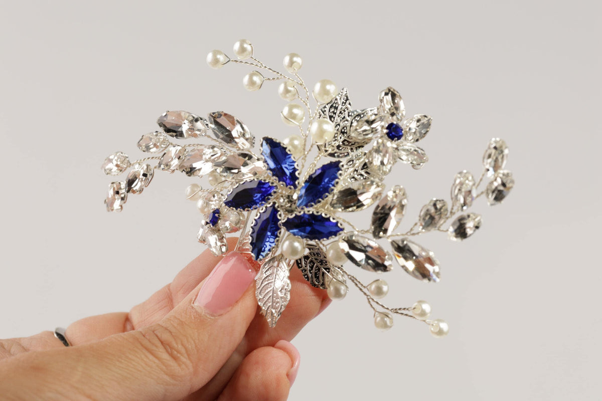 Blue Crystal Wedding Hair Comb, Silver Pearls & Rhinestone Bridal Hairpiece