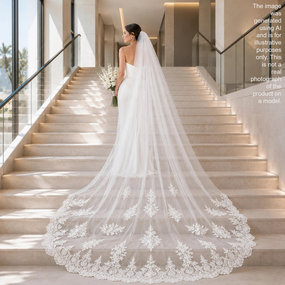 A bride in a white wedding dress with a long, flowing veil is standing on a set of stairs, holding a bouquet of white flowers.