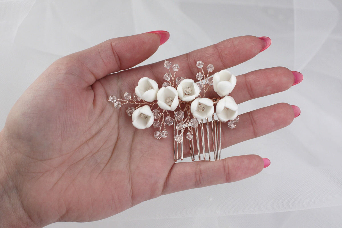 White Flower Bridal Hair Comb, Rose Gold Crystal Wedding Hairpiece, 6 Inch