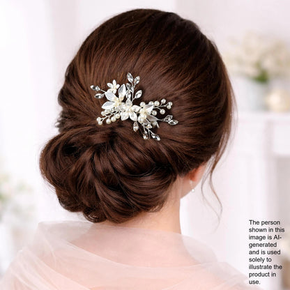 the back view of a woman's head with a decorative hair accessory, likely a hair clip or brooch, on her hair.