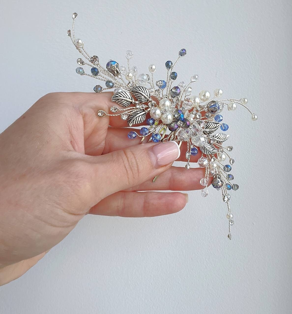 Handmade Crystal Bridal Hair Comb: Something Blue Wedding Accessory