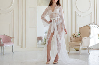 Sheer Lace Bridal Robe with Train, Romantic Wedding Lingerie Honeymoon Outfit