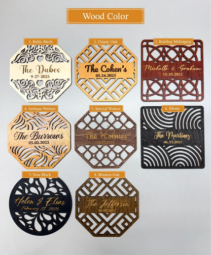 a group of wooden coasters with different designs