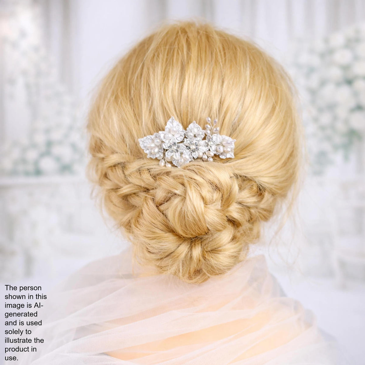 a woman's blonde hair styled in a bun with a decorative hair accessory, possibly a hair clip or brooch, on top of her head.