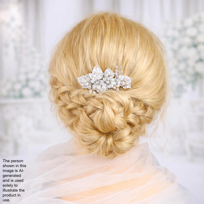 a woman's blonde hair styled in a bun with a decorative hair accessory, possibly a hair clip or brooch, on top of her head.