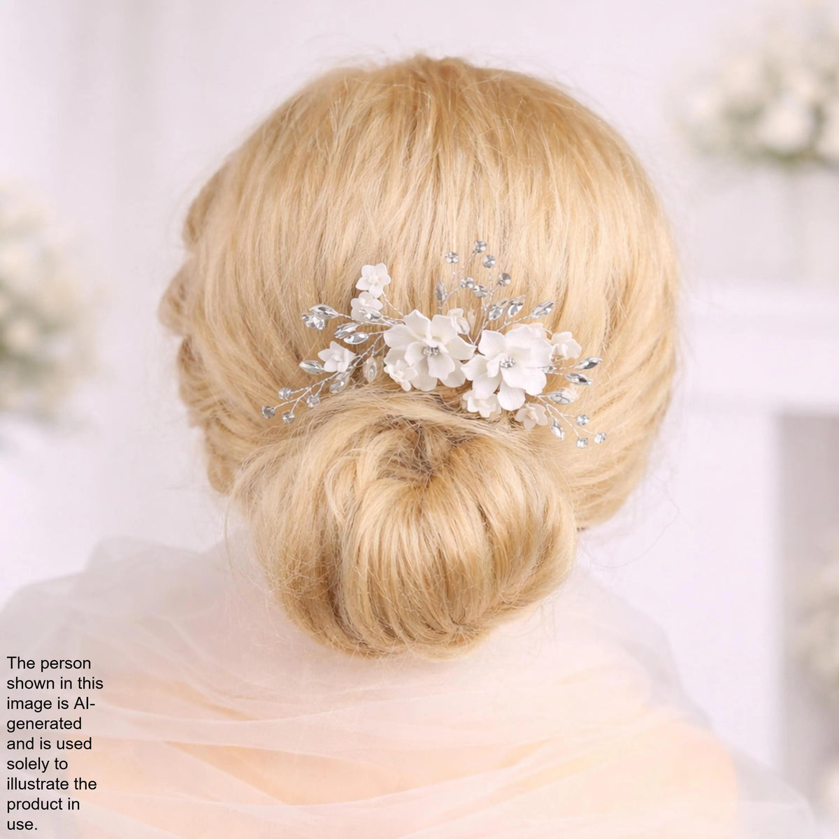 A close-up of a woman's blonde hair with a decorative hair accessory featuring white flowers.
