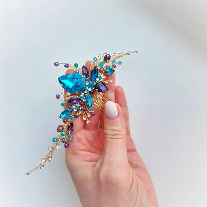 Blue & Purple Crystal Wedding Hair Comb, Gold Bridal Hairpiece, 6 Inch