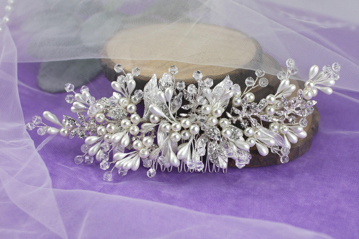 Pearl Floral Bridal Comb, Crystal Wedding Hair Piece, 6 Inch