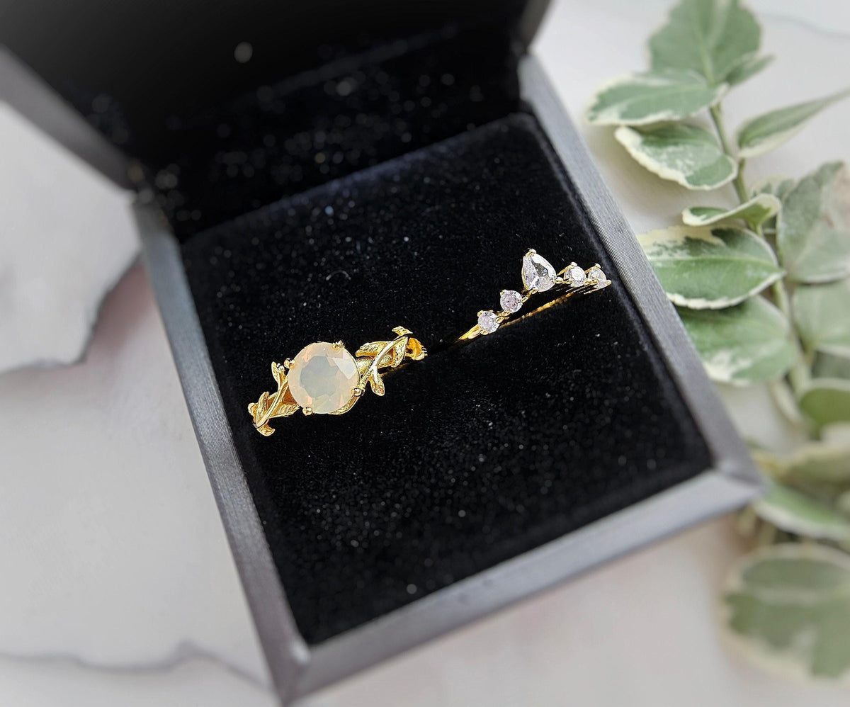 Opal Engagement Ring Set: Gold-Plated Leaf & CZ Wedding Rings