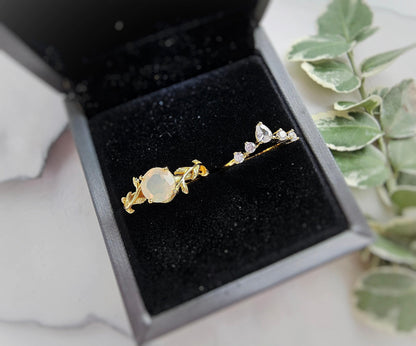 Opal Engagement Ring Set: Gold-Plated Leaf & CZ Wedding Rings