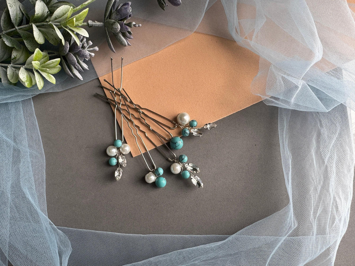 Turquoise Bridal Hair Pins Set of 5, Crystal Pearl Wedding Hairpiece, Blue Bridal Pins