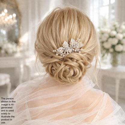 the back view of a woman's blonde hair styled in an elegant updo, adorned with a decorative hair accessory.