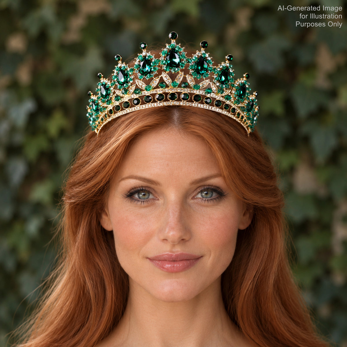 A woman with long red hair wearing a green and gold crown-like headpiece with green gemstones.