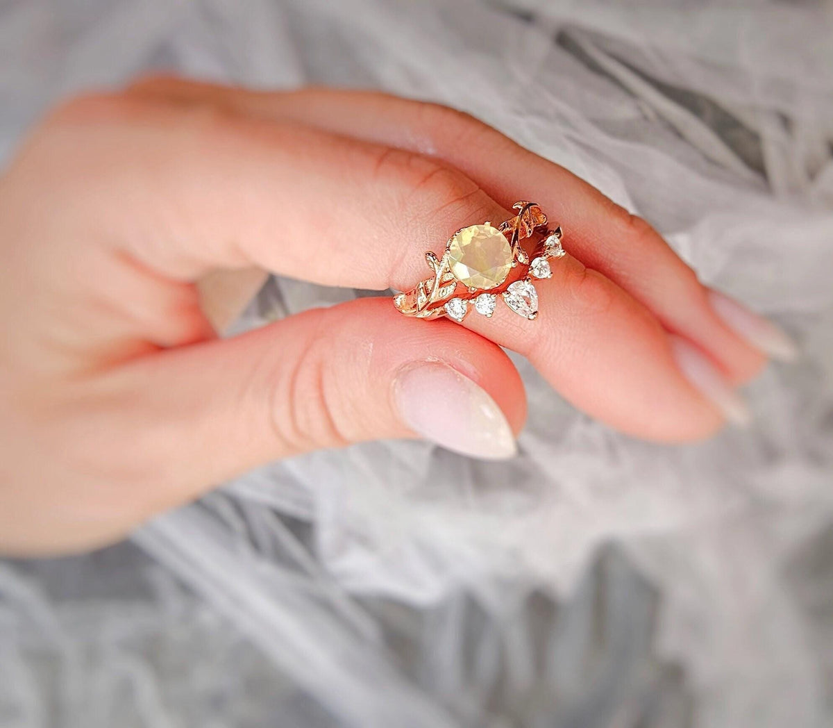 Opal Engagement Ring Set: Rose Gold Leaf & CZ Wedding Band
