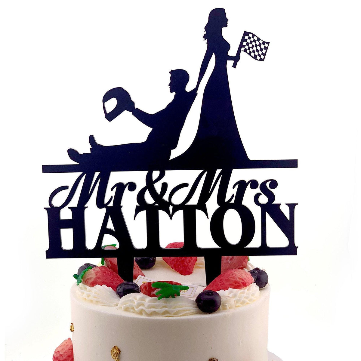 Racing Wedding Cake Topper: Checkered Flag, Personalized Auto Theme