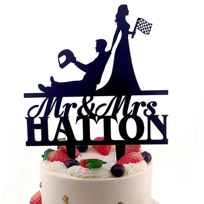 Racing Wedding Cake Topper: Checkered Flag, Personalized Auto Theme