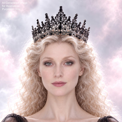 A woman with long, curly blonde hair wearing a black ornate crown on her head.