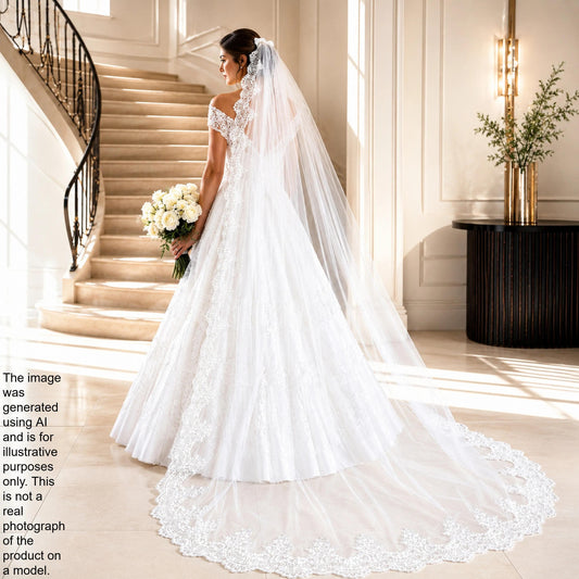 A bride in a white wedding dress with a long veil stands in a hallway, holding a bouquet of flowers.