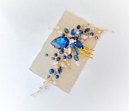 Navy Blue Crystal Bridal Hair Comb, Wedding Hairpiece, 6 Inch