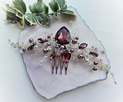 Burgundy Crystal Wedding Hair Comb, Bridal Hair Piece, 6 Inch