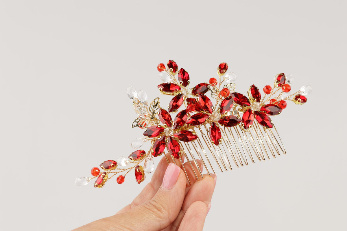 Red Crystal Floral Bridal Hair Comb, Gold Rhinestone Wedding Hairpiece