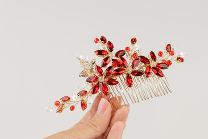 Red Crystal Floral Bridal Hair Comb, Gold Rhinestone Wedding Hairpiece