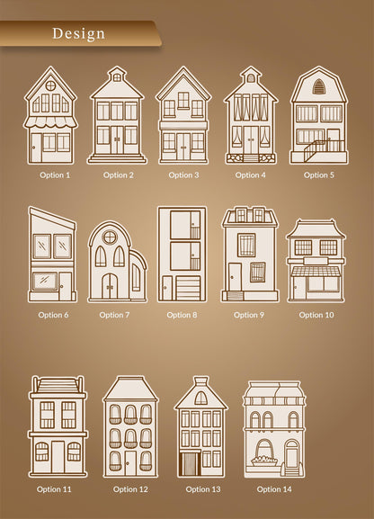 a collection of twelve different house designs, each represented by a simple line drawing or sketch. The houses vary in style and size, showcasing a range of architectural possibilities.