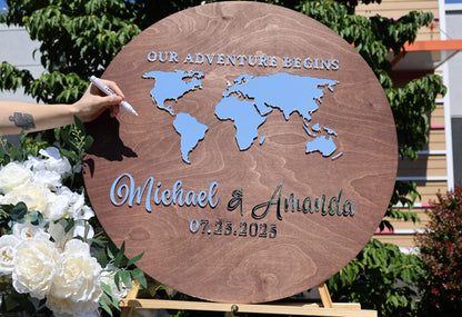 a wooden sign with a world map on it