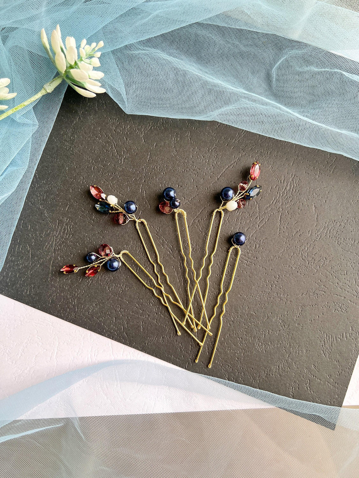 Wine Blue Crystal Pearl Wedding Hair Pins, Bridal Hairpiece Set, Elegant Updo Pins