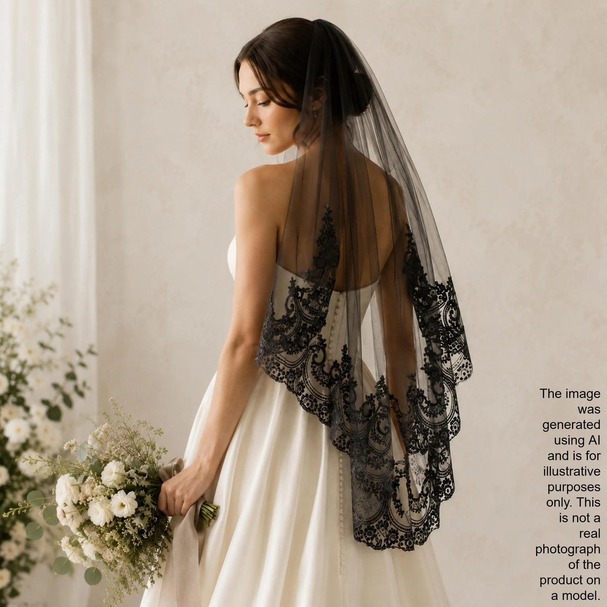 A woman in a white wedding dress holding a bouquet of white flowers stands in front of a white wall, wearing a black lace veil with intricate patterns.
