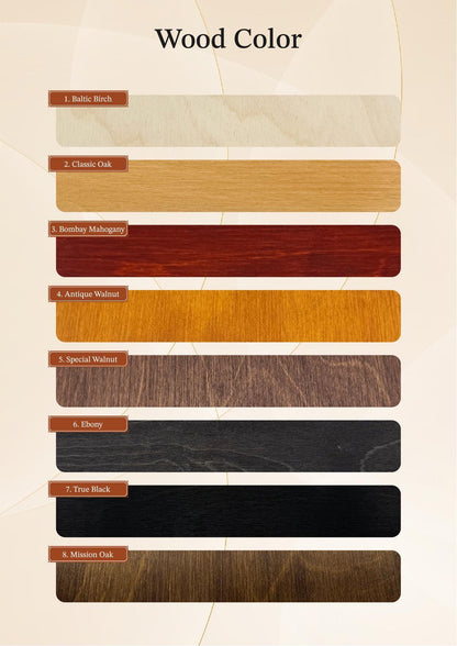 a color chart with various types of wood, each corresponding to a different color. The chart provides a visual representation of the different wood colors and their corresponding names.