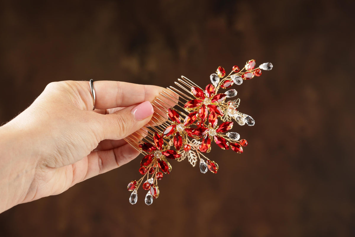 Red Crystal Floral Bridal Hair Comb, Gold Rhinestone Wedding Hairpiece