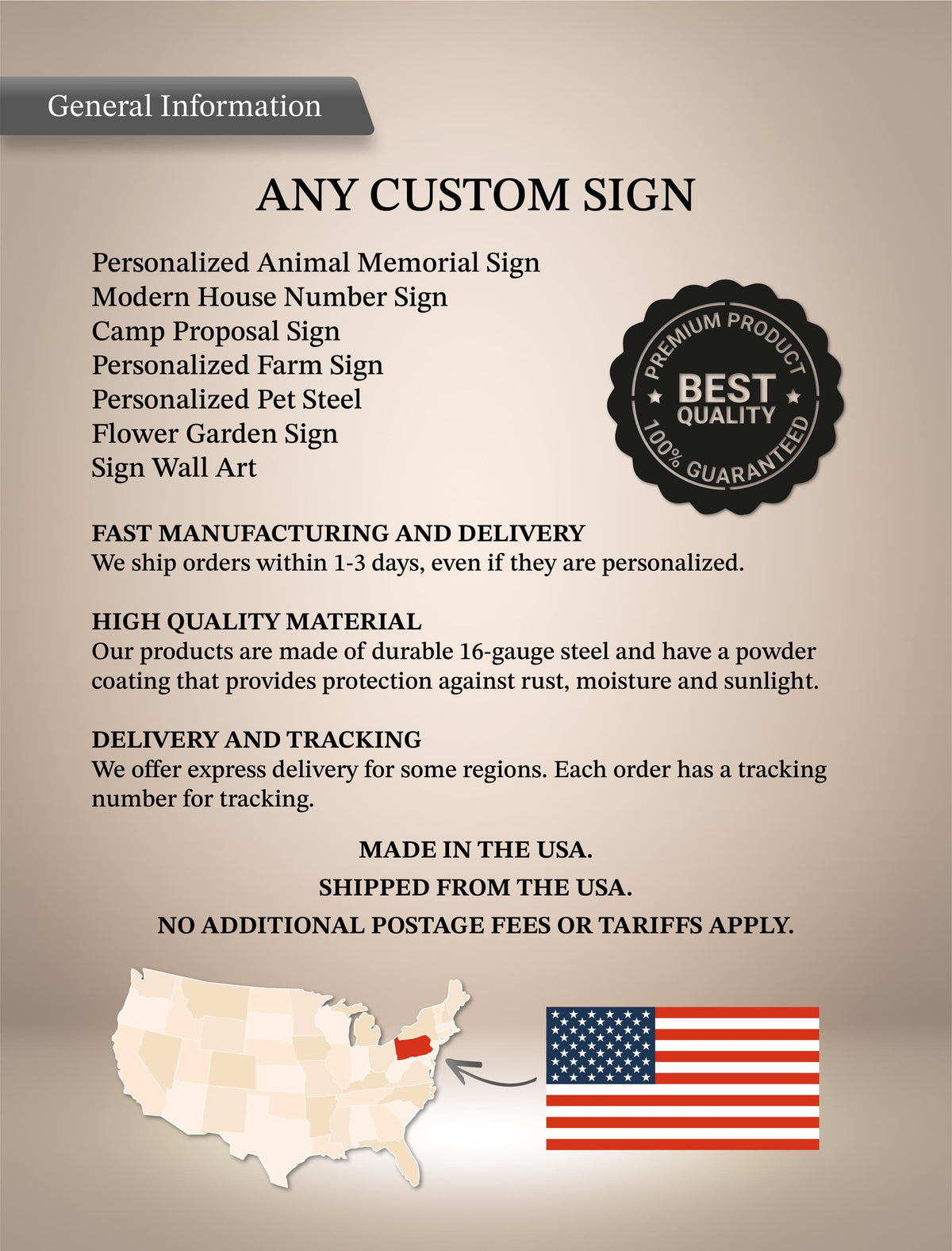 The image is a promotional image for a company that offers custom signs. It features a variety of personalized signs, including a modern house number sign, a camp proposal sign, a personalized farm sign, a personalized pet steel sign, a flower garden sign, and a sign wall art sign. The image also highlights the company's fast manufacturing and delivery services, high-quality materials, and no additional postage fees or Tariffs.