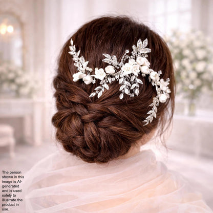 a woman's back view with her hair styled in a bun, adorned with a decorative hair accessory featuring white flowers and leaves.