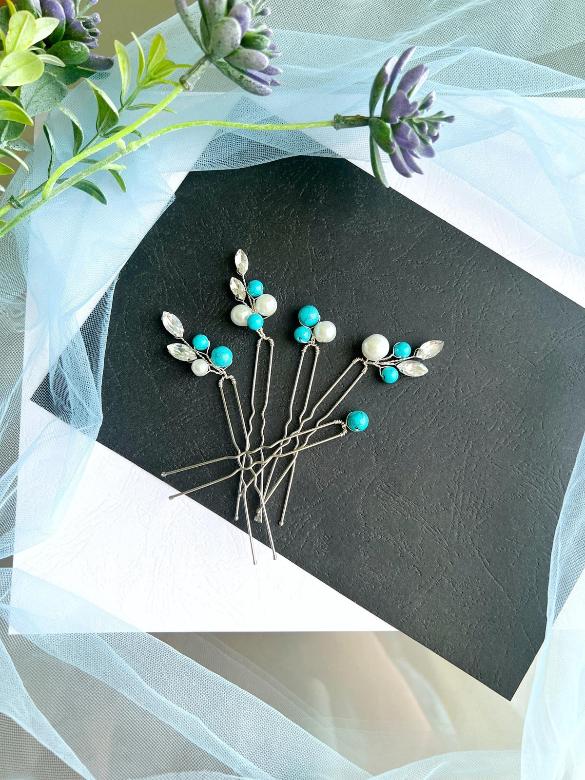 Turquoise Bridal Hair Pins Set of 5, Crystal Pearl Wedding Hairpiece, Blue Bridal Pins