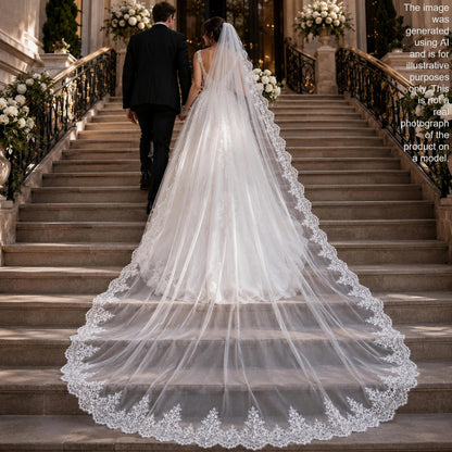 A bride and groom are descending a staircase, with the bride wearing a long white wedding dress and veil, and the groom in a black suit.