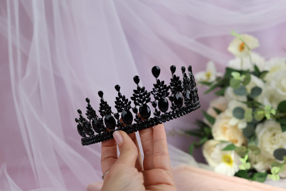 Black Crystal Tiara and Earrings Set, Gothic Wedding Headpiece, Bridal Crown Set