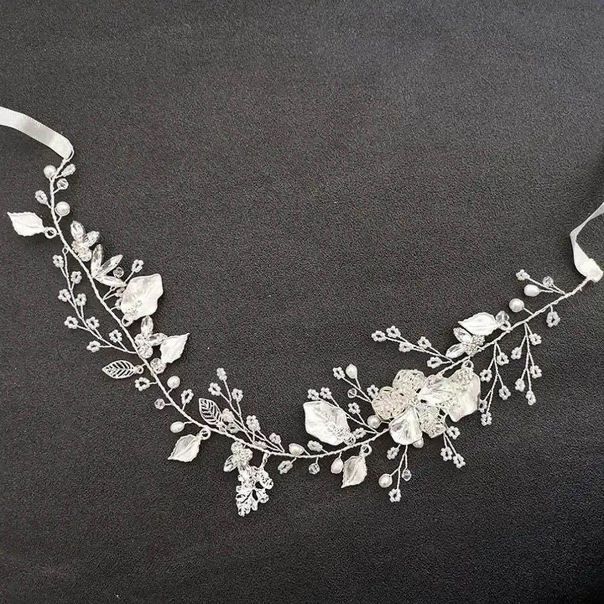 Silver Floral Bridal Hair Vine: Wedding Headpiece, 15" Handmade Jewelry