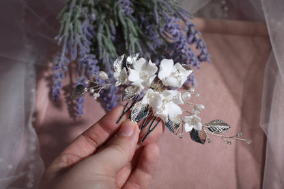 Porcelain Flower Bridal Comb, Silver Wedding Hair Piece, 6 Inch