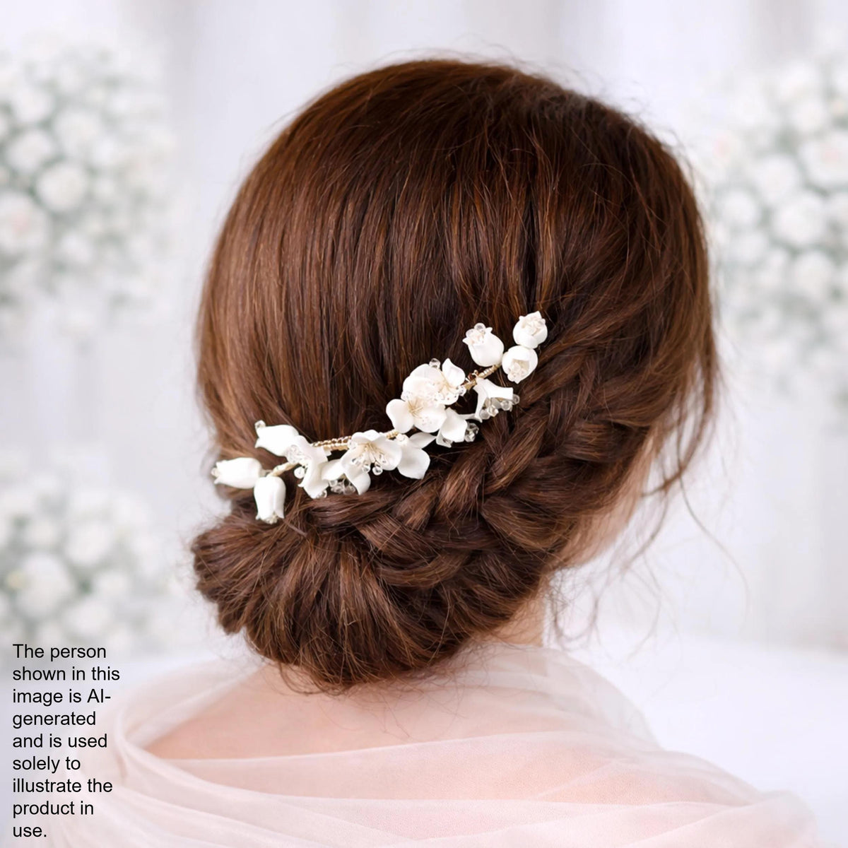 the back view of a woman's head with a braided hairstyle adorned with white flower decorations.