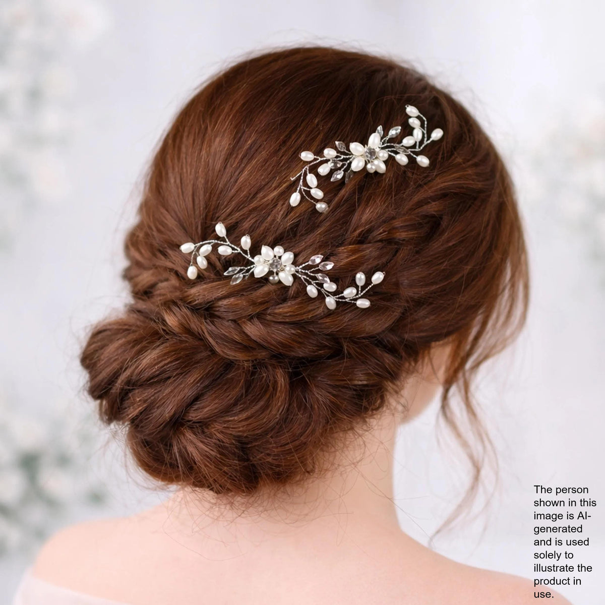 the back view of a woman's head with her hair styled in a bun, adorned with decorative hair clips featuring white flowers.