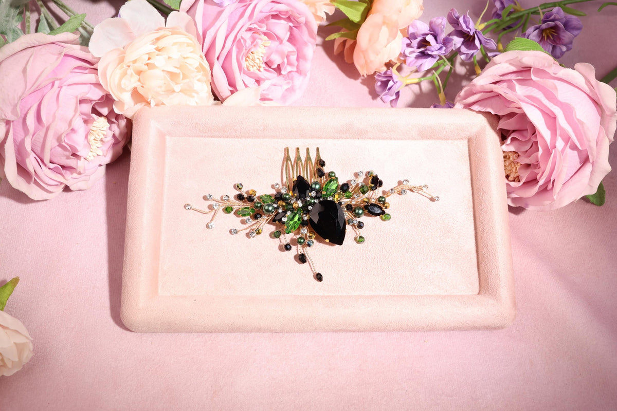 a white plate topped with a hair comb and flowers
