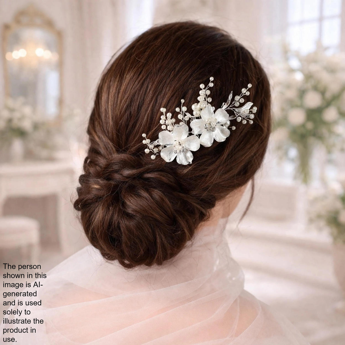 a woman's back view with her hair styled in a bun, adorned with a decorative hair accessory featuring white flowers.